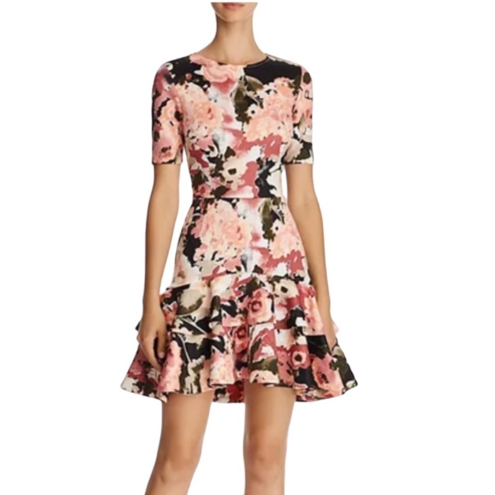 Aqua | Pink White Flowers on a Black Background Dress with a Crewneck